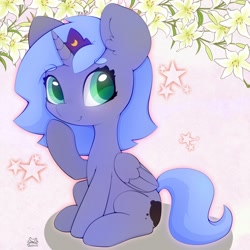 Size: 3000x3000 | Tagged: safe, artist:zokkili, princess luna, alicorn, pony, g4, beanbrows, chibi, crown, cute, eyebrows, eyebrows visible through hair, female, filly, folded wings, green eyes, high res, hoof on chin, horn, jewelry, looking at you, lunabetes, regalia, signature, sitting, smiling, smiling at you, solo, stars, wings, woona, younger