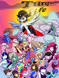 Size: 2304x3072 | Tagged: safe, artist:joseomegametal, oc, alicorn, earth pony, pegasus, pony, unicorn, :p, annoyed, breasts, cape, cleavage, clothes, flying, food, furry, glasses, grin, high res, hot dog, lots of characters, meat, sausage, smiling, tongue out