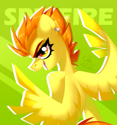 Size: 3000x3200 | Tagged: safe, artist:rtootb, spitfire, pegasus, pony, semi-anthro, g4, bust, cute, devil horn (gesture), digital art, ear piercing, eyeshadow, feather, featured image, female, green background, high res, human shoulders, lime background, looking at you, makeup, mare, open mouth, orange eyes, orange mane, piercing, portrait, sexy, simple background, smiling, smiling at you, solo, spread wings, text, tomboy, wing gesture, wing hands, wings, younger