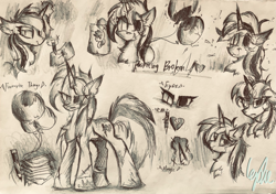 Size: 3187x2247 | Tagged: safe, artist:lydia, oc, oc:painting broken, pony, unicorn, balloon, balloon popping, chest fluff, ear fluff, eye, eyes, high res, magic, paper, pencil, pencil drawing, popping, standing, traditional art