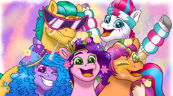 Size: 3352x1873 | Tagged: safe, artist:bella-pink-savage, hitch trailblazer, izzy moonbow, pipp petals, sunny starscout, zipp storm, earth pony, pegasus, pony, unicorn, g5, my little pony: tell your tale, pony partay, spoiler:g5, spoiler:my little pony: tell your tale, spoiler:tyts01e25, abstract background, beret, clothes, coat markings, diadem, eyeshadow, face paint, female, flower, flower in hair, glitter, group, hat, headband, leg warmers, looking at you, makeup, male, mane five, mane stripe sunny, mare, necktie, one eye closed, open mouth, open smile, quintet, signature, smiling, socks (coat markings), stallion, sunglasses, underhoof, unshorn fetlocks, wink, winking at you