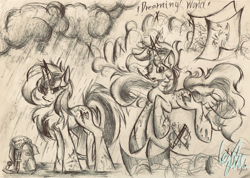 Size: 3098x2203 | Tagged: safe, artist:lydia, oc, oc:painting broken, cloud, cloudy, dream, high res, magic, paper, pencil, pencil drawing, rain, standing, traditional art, wet, wet mane