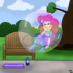 Size: 894x894 | Tagged: safe, artist:super4geek, pinkie pie, human, equestria girls, g4, bubble, bubble solution, bubble wand, female, in bubble, pinkie being pinkie, soap bubble, solo