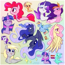 Size: 2500x2500 | Tagged: safe, artist:syrupyyy, applejack, derpy hooves, fluttershy, lyra heartstrings, pinkie pie, pipp petals, princess luna, rainbow dash, rarity, twilight sparkle, alicorn, earth pony, pegasus, pony, unicorn, g4, g5, art dump, blushing, concave belly, crown, cute, derp, eye clipping through hair, eyes closed, eyes open, female, flag, folded wings, glowing, glowing horn, gradient background, high res, hoof shoes, horn, jewelry, lesbian, lesbian pride flag, lidded eyes, looking at each other, looking at someone, mane six, mare, open mouth, open smile, partially open wings, pipp and her heroine, pride, pride flag, princess shoes, regalia, signature, slender, smiling, sparkles, spread wings, tail, thin, twiabetes, twilight sparkle (alicorn), want, wings