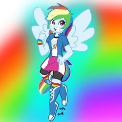 Size: 1000x1000 | Tagged: safe, artist:super4geek, rainbow dash, human, equestria girls, g4, female, gradient background, humanized, ponied up, rainbow background, solo, tail, tailed humanization, winged humanization, wings