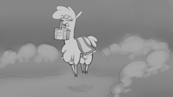 Size: 1920x1080 | Tagged: safe, artist:hitsuji, paprika (tfh), alpaca, them's fightin' herds, basket, cloven hooves, community related, female, grayscale, happy, jumping, monochrome, mouth hold, picnic basket, solo, tfh moods