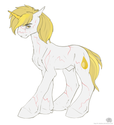 Size: 1543x1684 | Tagged: safe, artist:11-shadow, oc, oc only, oc:goldenblood, pony, unicorn, fallout equestria, fallout equestria: project horizons, fanfic art, male, nudity, scar, sheath, simple background, solo, stallion, transparent background