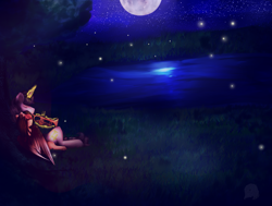 Size: 2857x2161 | Tagged: safe, artist:11-shadow, oc, pegasus, pony, unicorn, duo, female, grass, high res, levitation, magic, male, mare, moon, musical instrument, night, scenery, stallion, stars, telekinesis, trumpet