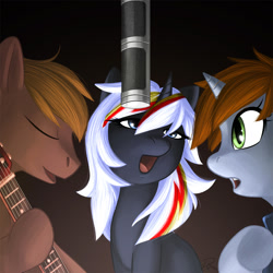 Size: 1280x1280 | Tagged: safe, artist:didj, oc, oc only, oc:calamity, oc:littlepip, oc:velvet remedy, pegasus, pony, unicorn, fallout equestria, guitar, microphone, musical instrument, playing instrument, singing