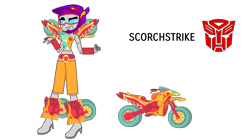 Size: 1823x1024 | Tagged: safe, artist:jrshinkansenhorse, derpibooru exclusive, oc, oc:scorchstrike, cybertronian, robot, equestria girls, g4, my little pony equestria girls: friendship games, autobot, crossover, friendship games outfit, motocross, motocross outfit, motorcross, motorcycle, simple background, solo, transformerfied, transformers, transparent background, tri-cross relay outfit
