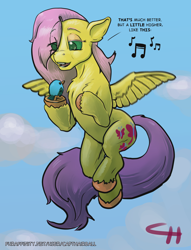 Size: 1524x2000 | Tagged: safe, artist:capt_hairball, fluttershy, bird, pegasus, pony, g4, alternate cutie mark, belly, butt, chest fluff, colored pupils, cute, dialogue, female, hooves, looking at each other, looking at someone, plot, shyabetes, sky, solo, spread wings, tail, unshorn fetlocks, wings