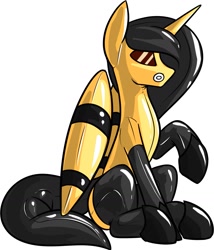 Size: 1691x1980 | Tagged: safe, artist:fv0003, oc, oc only, alicorn, pony, bodysuit, clothes, gas mask, latex, latex suit, mask, rubber drone, simple background, solo, white background