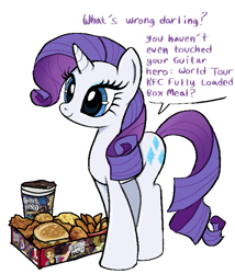 Size: 643x750 | Tagged: safe, artist:muffinz, rarity, pony, unicorn, g4, chicken meat, darling, dialogue, eyeshadow, featured image, female, food, french fries, guitar hero, kfc, makeup, mare, meat, product placement, simple background, smiling, solo, white background