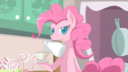 Size: 1000x563 | Tagged: safe, artist:jinzhan, pinkie pie, earth pony, pony, g4, angry, candy, cup, food, lollipop, scowl, solo, sugarcube corner, teacup