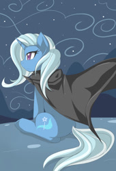 Size: 678x1000 | Tagged: safe, artist:jinzhan, trixie, pony, unicorn, g4, alone, cape, clothes, cloud, cloudy, female, mare, night, sitting, solo, wind