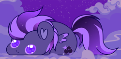 Size: 2187x1057 | Tagged: safe, artist:vi45, oc, oc only, oc:shadow galaxy, pegasus, pony, adorable face, bean, c:, cloud, commission, cute, ethereal mane, female, looking at you, mare, night, night sky, sky, small wings, smiling, smol, solo, staring into your soul, starry mane, starry tail, stars, tail, wings