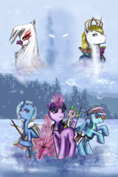 Size: 968x1441 | Tagged: safe, artist:kutakoru, gilda, prince blueblood, rainbow dash, spike, trixie, twilight sparkle, dragon, griffon, pegasus, pony, unicorn, g4, 2012, alternate universe, crossover, fanfic art, final fantasy, final fantasy vi, snow, sword, team, unicorn twilight, weapon