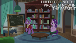 Size: 2000x1125 | Tagged: safe, edit, edited screencap, editor:quoterific, screencap, firelight, starlight glimmer, pony, unicorn, g4, the parent map, book, bookshelf, chalkboard, duo, duo male and female, father and child, father and daughter, female, male, mare, open mouth, raised hoof, sitting, smiling, stallion, starlight glimmer is not amused, stool, table, unamused