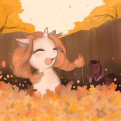 Size: 1000x1000 | Tagged: safe, artist:kutakoru, oc, oc only, earth pony, pony, unicorn, autumn, evening, forest, happy, leaves, smiling