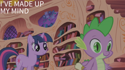 Size: 2000x1125 | Tagged: safe, edit, edited screencap, editor:quoterific, screencap, spike, twilight sparkle, dragon, pony, unicorn, g4, the ticket master, book, bookshelf, duo, duo male and female, fangs, female, flower, golden oaks library, male, mare, scroll, smiling, unicorn twilight