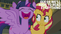Size: 1920x1080 | Tagged: safe, edit, edited screencap, editor:quoterific, screencap, sunset shimmer, twilight sparkle, alicorn, pony, unicorn, equestria girls, equestria girls series, forgotten friendship, g4, book, confused, duo, duo female, excited, eyes closed, faic, female, gritted teeth, happy, mare, open mouth, open smile, smiling, spread wings, teeth, that pony sure does love books, twilight sparkle (alicorn), wings
