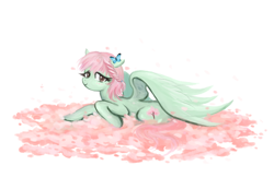 Size: 1542x1000 | Tagged: safe, artist:kutakoru, oc, oc only, butterfly, pegasus, pony, petals, resting, simple background, solo, staring at you, white background