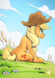 Size: 2171x3070 | Tagged: safe, artist:mysticalpha, applejack, earth pony, pony, g4, food, high res, sitting, smiling, solo, wheat