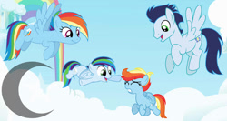 Size: 1225x652 | Tagged: safe, artist:pastelnightyt, rainbow dash, soarin', oc, oc:prism bolt, oc:rainbow storm, pegasus, pony, g4, colt, female, filly, flying, foal, male, mare, offspring, parent:rainbow dash, parent:soarin', parents:soarindash, ship:soarindash, shipping, stallion, straight