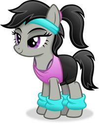 Size: 2628x3263 | Tagged: safe, artist:anime-equestria, octavia melody, earth pony, pony, g4, 80s, alternate hairstyle, clothes, female, headband, high res, leg warmers, mare, ponytail, shorts, simple background, smiling, solo, sports bra, sports outfit, sports shorts, transparent background, vector, workout outfit