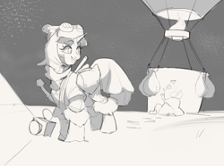 Size: 2100x1560 | Tagged: safe, artist:egil, spike, twilight sparkle, alicorn, pony, g4, clothes, explorer outfit, goggles, hot air balloon, lamp, monochrome, sketch, snow, twilight sparkle (alicorn)