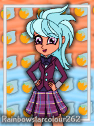 Size: 768x1024 | Tagged: safe, artist:rainbowstarcolour262, part of a set, frosty orange, human, series:equ wallpapers, equestria girls, g4, my little pony equestria girls: friendship games, abstract background, background human, bowtie, clothes, crystal prep academy uniform, crystal prep shadowbolts, cute, cutie mark background, female, hand on hip, happy, open mouth, part of a series, plaid skirt, pleated skirt, school uniform, shirt, signature, skirt, smiling, solo