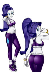 Size: 1500x2200 | Tagged: safe, artist:nekojackun, rarity, human, equestria girls, alternate hairstyle, armpits, art trade, ass, bedroom eyes, belly button, bracelet, breasts, butt, clothes, cute, eyeshadow, female, grin, jewelry, leggings, lipstick, makeup, midriff, ponytail, raribetes, rearity, sexy, shoes, simple background, smiling, sneakers, socks, solo, sports bra, stupid sexy rarity, white background
