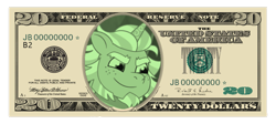 Size: 2139x962 | Tagged: safe, edit, edited screencap, screencap, alphabittle blossomforth, pony, unicorn, g5, my little pony: tell your tale, 20 dollar bill, andrew jackson, dollar bill, episode needed, simple background, transparent background, voice actor joke