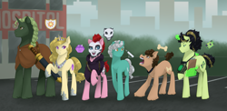 Size: 4453x2176 | Tagged: safe, artist:mylittlesheepy, oc, oc only, earth pony, pony, unicorn, behaving like a dog, city, pipbuck, road, sword, weapon