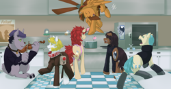 Size: 4802x2519 | Tagged: safe, artist:mylittlesheepy, oc, oc only, diamond dog, earth pony, pegasus, pony, cooking, cute, fan, kitchen, musical instrument, sleeping, smiling, violin