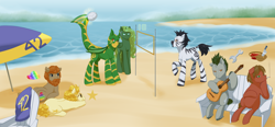 Size: 4688x2169 | Tagged: safe, artist:mylittlesheepy, oc, oc only, alicorn, ambiguous species, earth pony, pony, zebra, beach, couple, musical instrument, ocean, sand, sports, sun, violin, volleyball, volleyball net, water