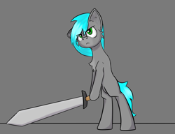 Size: 1194x917 | Tagged: safe, artist:cotarsis, oc, oc:project zero, earth pony, pony, robot, robot pony, bipedal, gray background, simple background, sketch, solo, sword, weapon