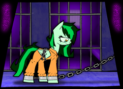 Size: 2454x1766 | Tagged: safe, artist:xxv4mp_g4z3rxx, oc, oc:eden shallowleaf, pegasus, pony, bound wings, chains, clothes, female, jail cell, jumpsuit, mare, never doubt rainbowdash69's involvement, prison outfit, signature, solo, tail, two toned mane, two toned tail, wings