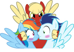 Size: 1059x754 | Tagged: safe, artist:the-nuclear-pegasus, rainbow dash, soarin', oc, pegasus, pony, g4, blushing, female, male, mare, now kiss, ship:soarindash, shipper on deck, shipping, simple background, stallion, straight, white background