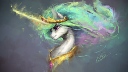Size: 3840x2160 | Tagged: safe, artist:xyq, princess celestia, alicorn, pony, g4, bust, female, glowing, glowing horn, high res, horn, jewelry, mare, regalia, smiling, solo