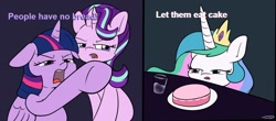 Size: 1280x564 | Tagged: safe, artist:taurson, edit, editor:fluttershyisnot adoormat, princess celestia, starlight glimmer, twilight sparkle, alicorn, pony, unicorn, g4, angry, bad edit, cake, cakelestia, female, floppy ears, food, glass of water, history, jewelry, mare, marie antoinette, meme, open mouth, plate, regalia, this will end in death, this will end in tears, this will end in tears and/or death, this will not end well, twilight sparkle (alicorn), woman yelling at a cat