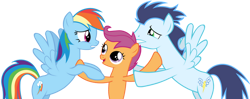 Size: 900x357 | Tagged: safe, artist:bobthelurker, rainbow dash, scootaloo, soarin', pegasus, pony, g4, female, male, mare, ship:soarindash, shipping, siblings, simple background, sisters, stallion, straight, transparent background, trio, vector