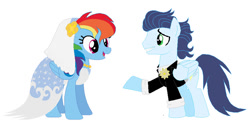 Size: 890x432 | Tagged: safe, artist:glittertiara, rainbow dash, soarin', pegasus, pony, g4, bride, clothes, dress, duo, female, groom, husband and wife, male, mare, marriage, ship:soarindash, shipping, simple background, stallion, straight, tuxedo, white background