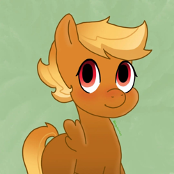 Size: 1080x1080 | Tagged: safe, artist:daily.shitfuck, swift reply, pegasus, pony, blonde, female, filly, foal, green background, looking at you, red eyes, signature, simple background, small wings, wings