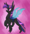 Size: 1428x1641 | Tagged: safe, artist:moonatik, twilight sparkle, changeling, g4, abstract background, changelingified, eyeshadow, fangs, female, makeup, purple changeling, raised hoof, solo, twiling, wings