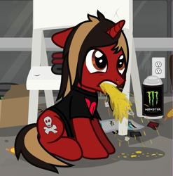 Size: 1151x1167 | Tagged: safe, artist:lightningbolt, derpibooru exclusive, pony, unicorn, g4, .svg available, all time low, chair, clothes, couch, dyed mane, dyed tail, ears back, folding chair, horn, indoors, jack barakat, male, messy room, outlet, ponified, shirt, show accurate, sitting, solo, stallion, svg, t-shirt, tail, vector, vomit, vomiting