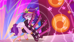 Size: 1920x1080 | Tagged: safe, screencap, pipp petals, pegasus, pony, as the misty clears, g5, my little pony: tell your tale, spoiler:g5, spoiler:my little pony: tell your tale, spoiler:tyts01e53, bass guitar, bipedal, brainwashing, diadem, electric guitar, evil smile, female, grin, guitar, headband, heavy metal pipp, jewelry, lightning, mare, messy mane, musical instrument, pipp metals, possessed, red eyes, red-eyed pipp, regalia, smiling, solo, speaker, stars, unshorn fetlocks