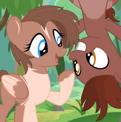 Size: 2000x2022 | Tagged: safe, artist:ghostpikachu, oc, oc only, oc:autumn rosewood, oc:clara, pegasus, pony, base used, colored wings, cute, duo, female, forest, high res, laughing, male, mare, ocbetes, outdoors, pegasus oc, smiling, stallion, two toned coat, two toned wings, upside down, wings