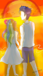 Size: 600x1067 | Tagged: safe, artist:sirdashieyandere, rainbow dash, soarin', human, g4, beach, date, female, holding hands, humanized, male, romantic, ship:soarindash, shipping, straight, sunset