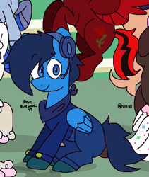 Size: 1169x1383 | Tagged: safe, artist:mercury may, oc, oc only, oc:bluewing, pegasus, pony, blue coat, blue eyes, blue mane, boots, clothes, cropped, headphones, ponyville, shoes, wings